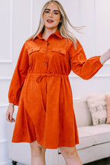 Orange Plus Size High Waist Corduroy Dress