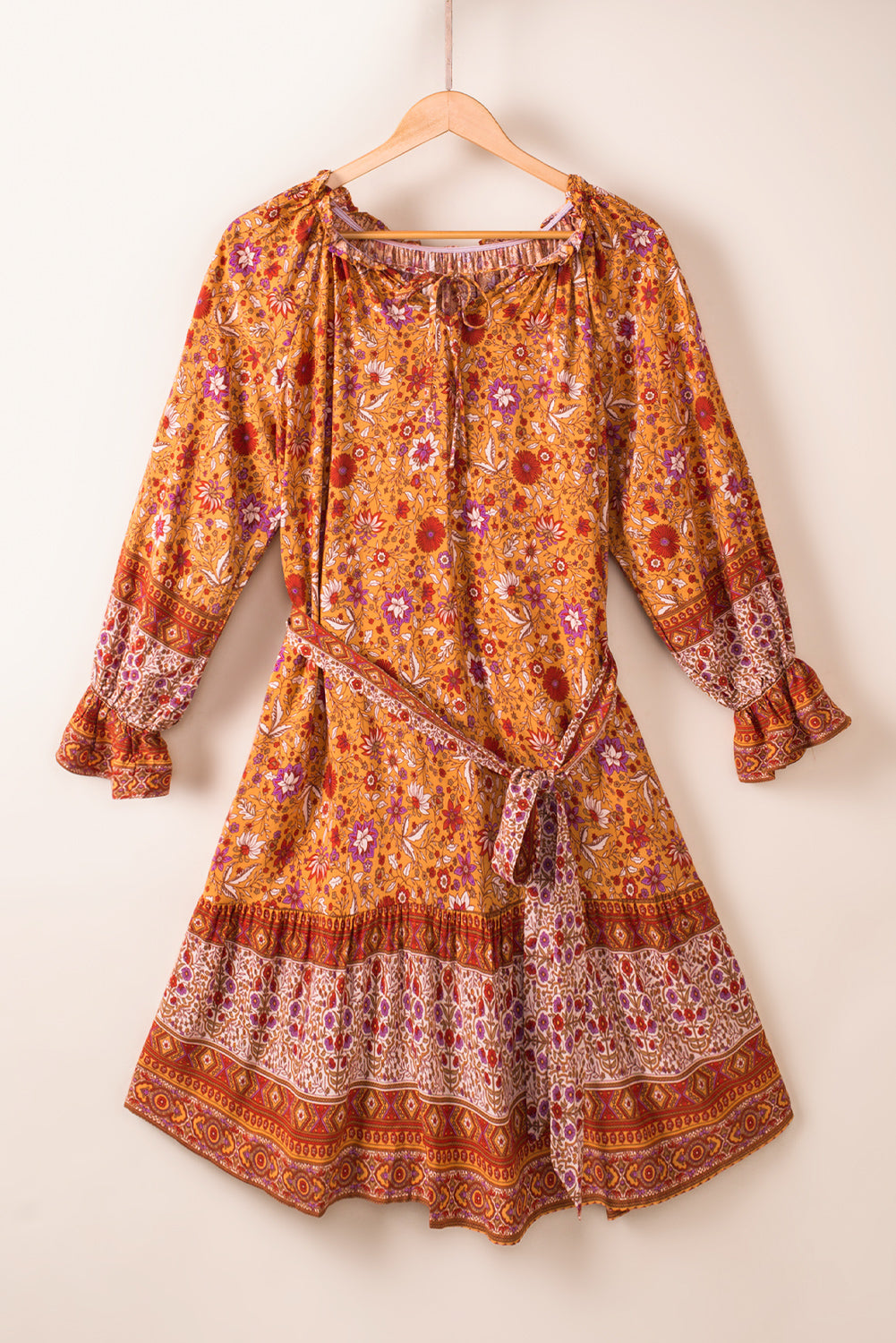 Orange Floral Print Drawstring Long Sleeve Mini Dress