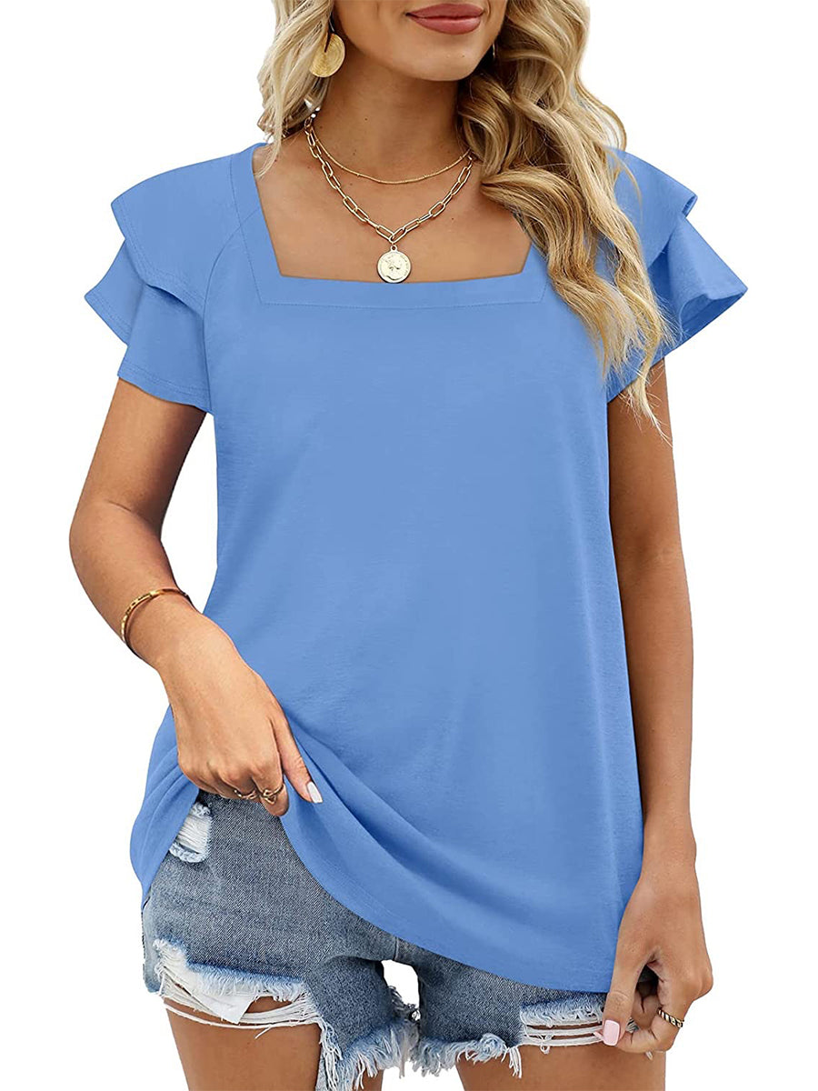 Solid Color Square Neck Double Layer Petal Sleeve T-Shirt