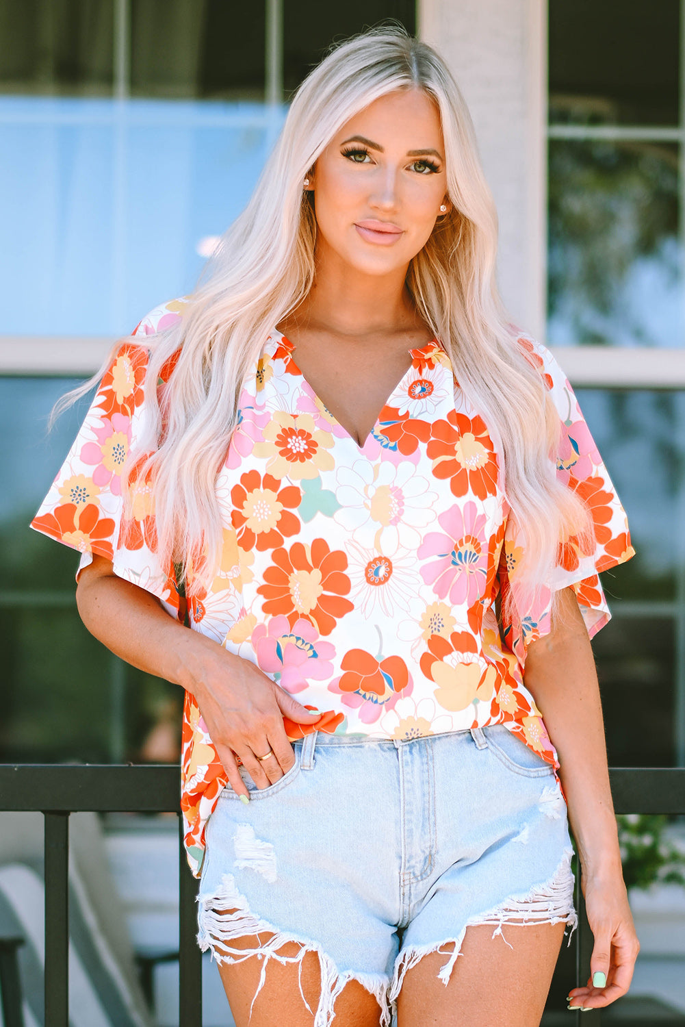 Orange Shirred Neck Summer Floral Dress