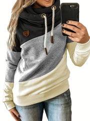 Plus Size Casual Sweatshirt, Women's Plus Colorblock Long Sleeve Hooded Drawstring Slight Stretch Sweatshirt