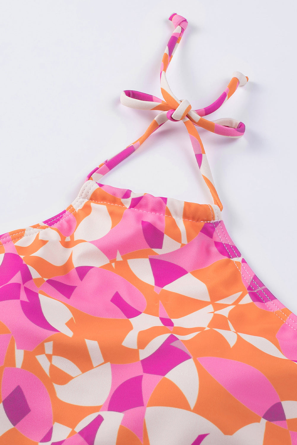 Pink Abstract Print Halter Hollow-Out Back Tie One-Piece Swimsuit