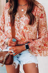 Orange Floral Print Ruffled Bell Sleeve V Neck Bodysuit