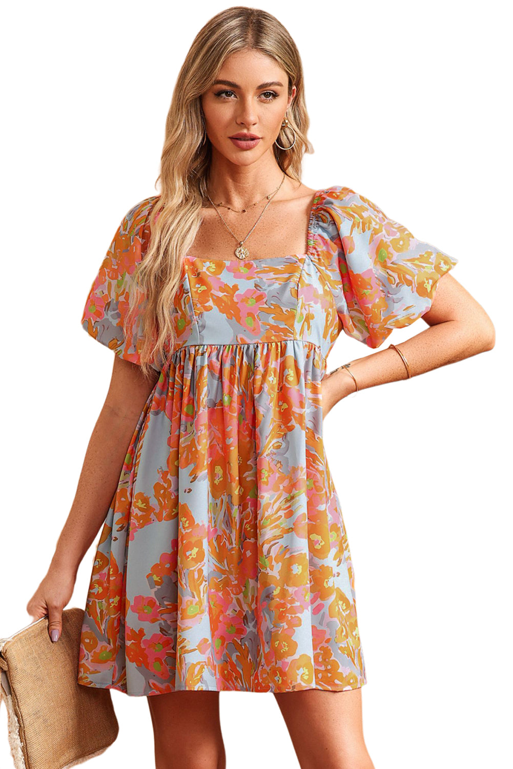 Orange High Waist Square Neck Puff Sleeve Floral Dress