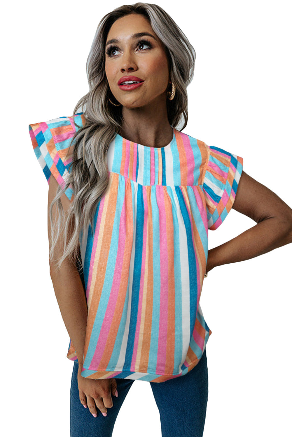 Pink Striped Button Sweetheart Flutter Sleeve Dress