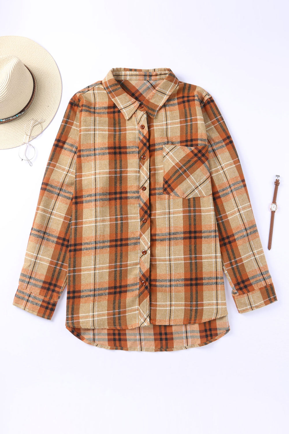 Orange Plus Size Buttons Plaid Pattern Shirt