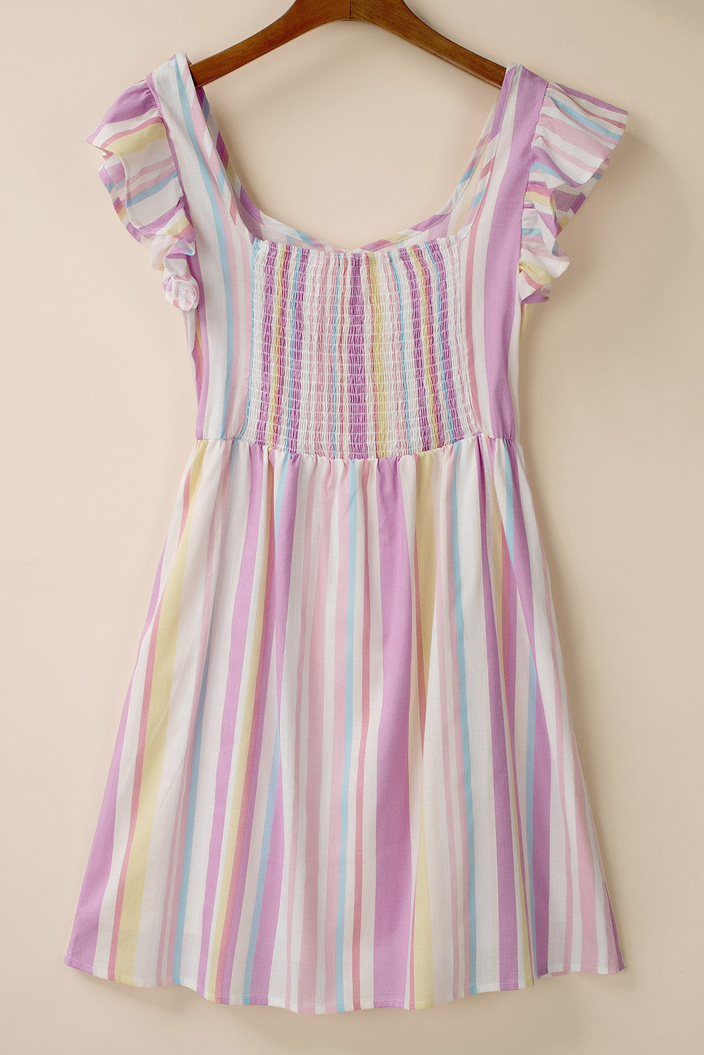 Pink Striped Button Sweetheart Flutter Sleeve Dress