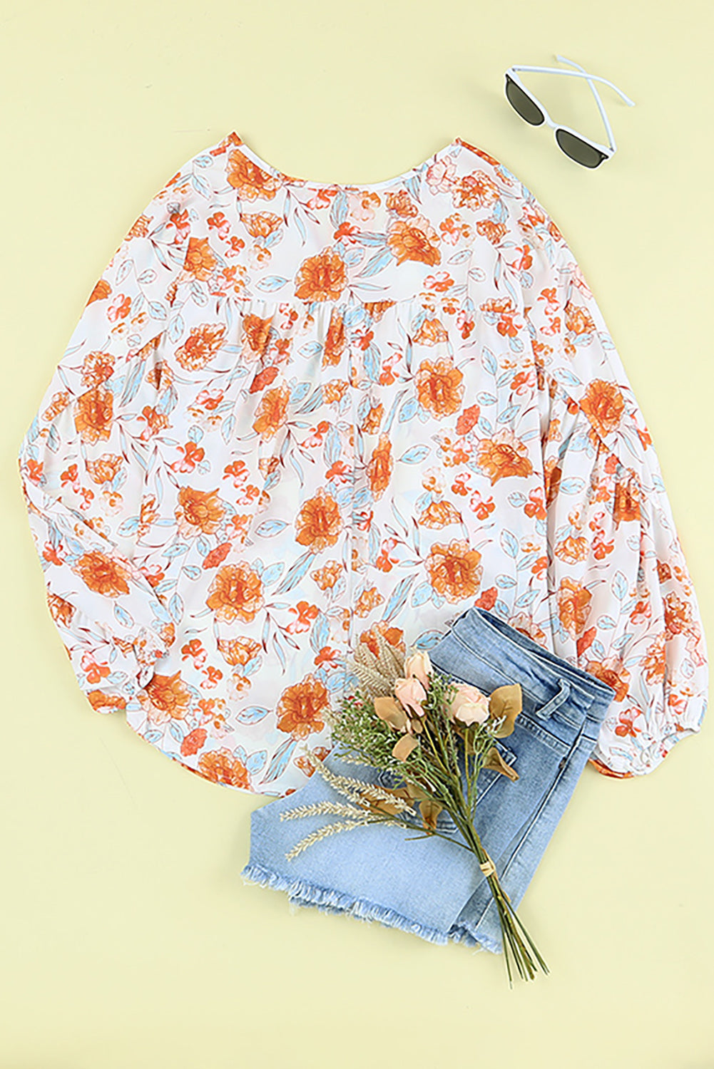 Orange Split V Neck Floral Print Dolman Blouse