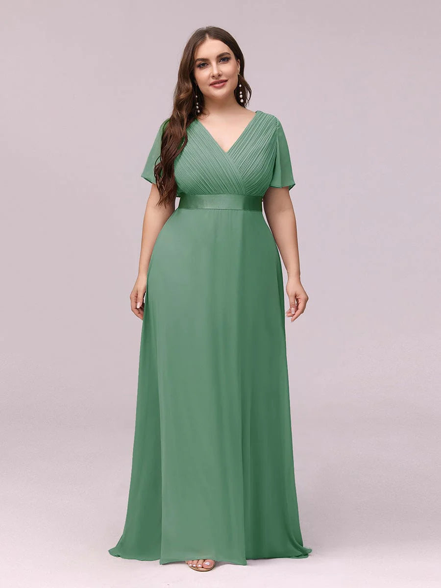 Plus Size Empire Waist V Back Bridesmaid Dress with Short Sleeves