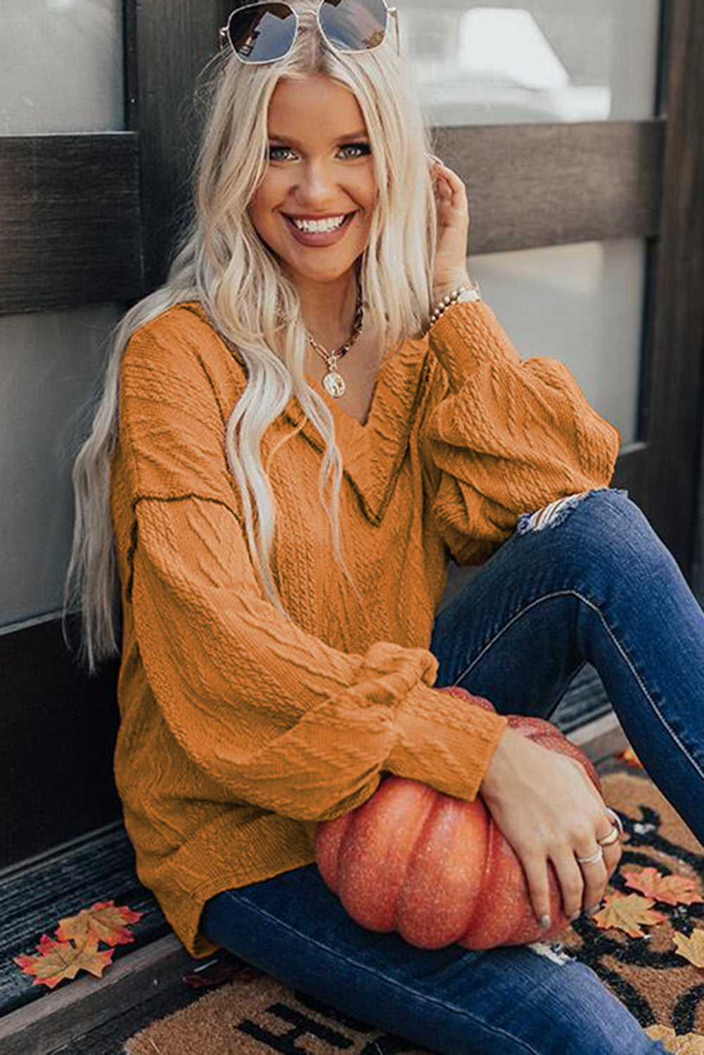 Orange Textured V Neck Long Sleeve Knit Top