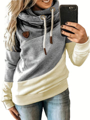 Plus Size Casual Sweatshirt, Women's Plus Colorblock Long Sleeve Hooded Drawstring Slight Stretch Sweatshirt