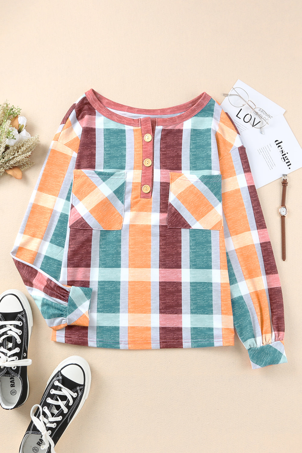 Orange Plaid Print Buttons Long Sleeve Top