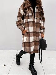 Plus Size Casual Coat, Women's Plus Plaid Print Long Sleeve Lapel Collar Button Up Shacket Jacket