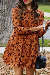 Orange Floral Print O-neck Long Sleeve Mini Dress