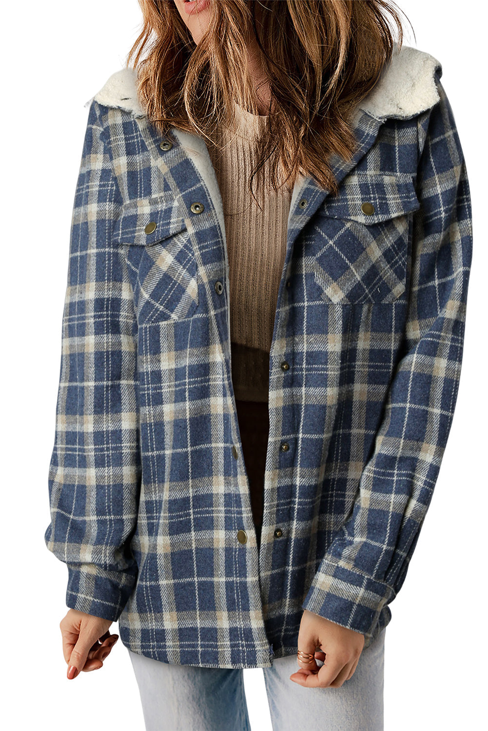 Orange Plaid Pattern Sherpa Lined Hooded Shacket