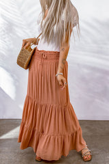 Orange Tie Smocking High Waist Tiered Maxi Skirt