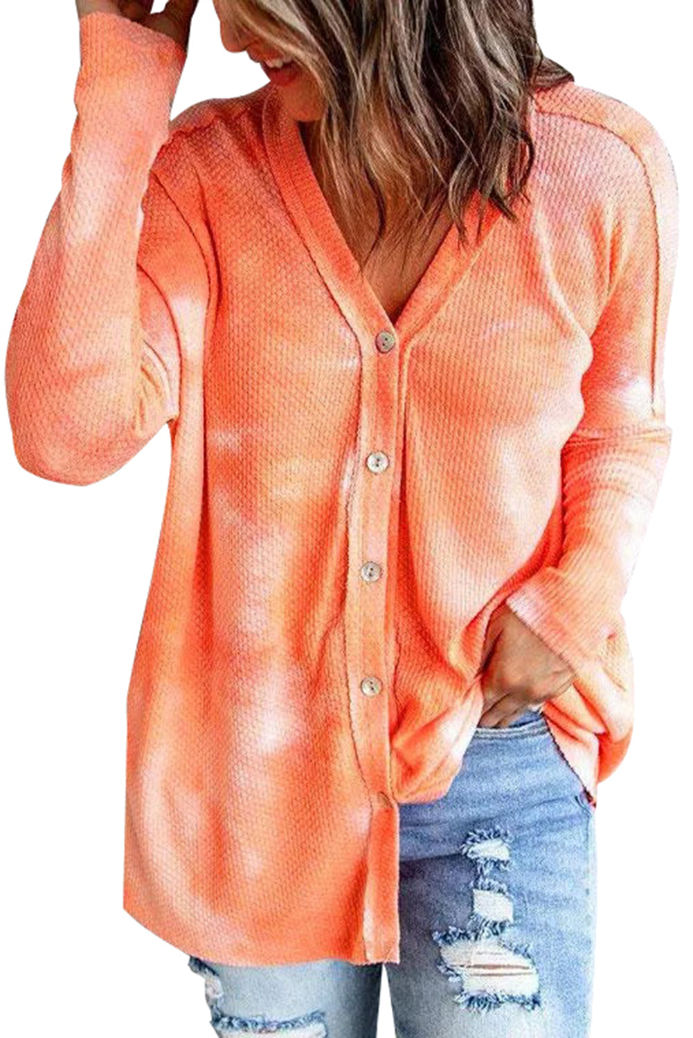 Orange Tie Dye Waffle Knit Button Front Cardigan