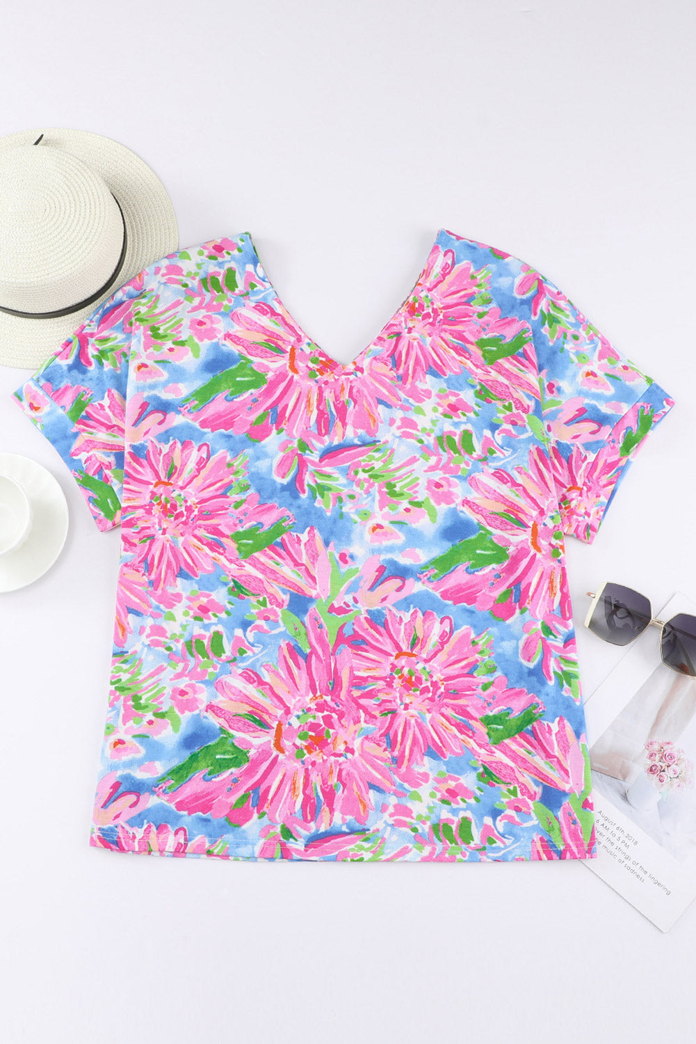 Pink Abstract Floral Print Loose Fit Spaghetti Strap Tank Top