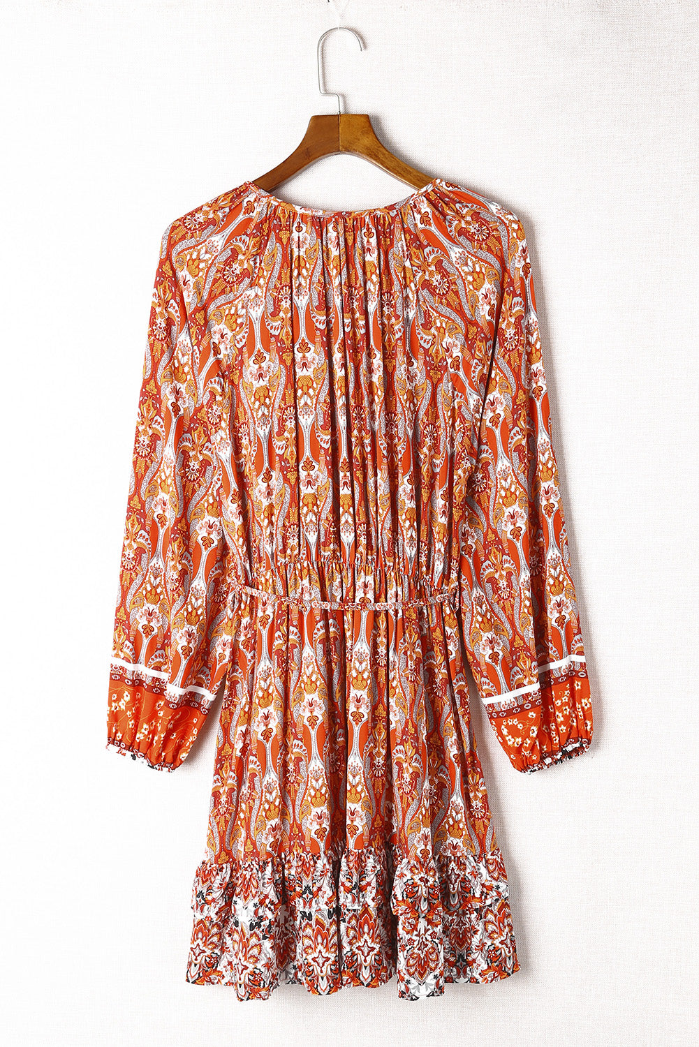 Orange Western Pattern Print Lantern Sleeve Drawstring Mini Dress