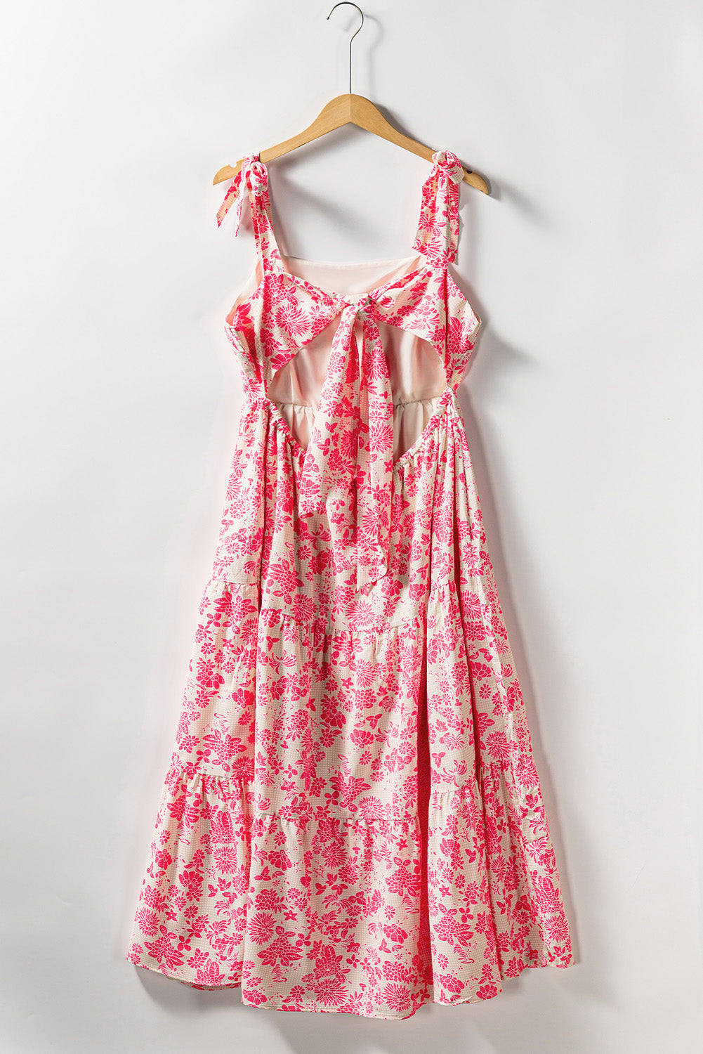 Vestido largo con lazo en los hombros y estampado floral de cuadros vichy rosas