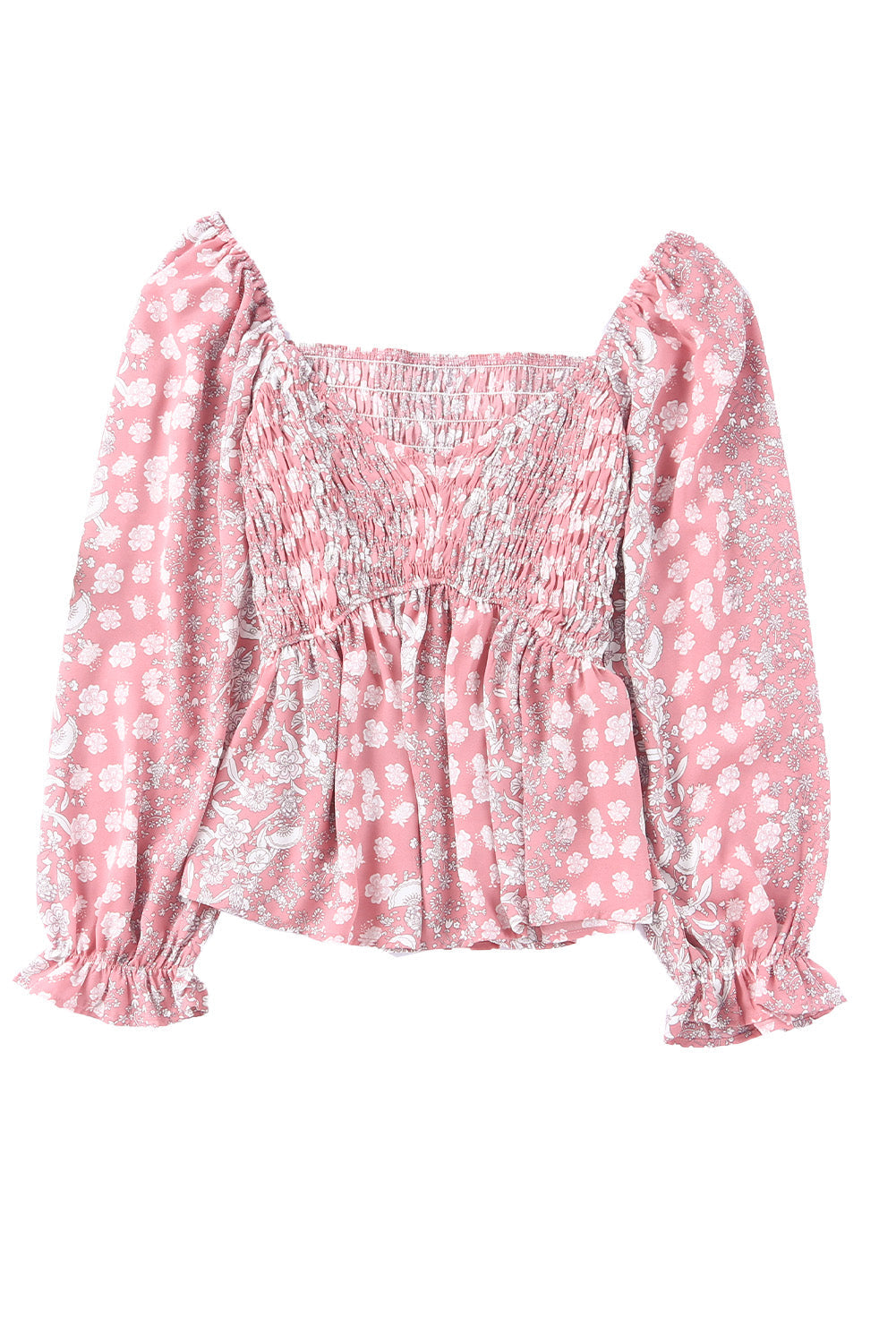 Pink Bohemian Print Puff Sleeve Curvy Peplum Blouse