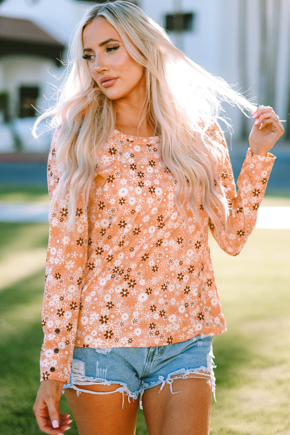 Orange Floral Knit Long Sleeve Top