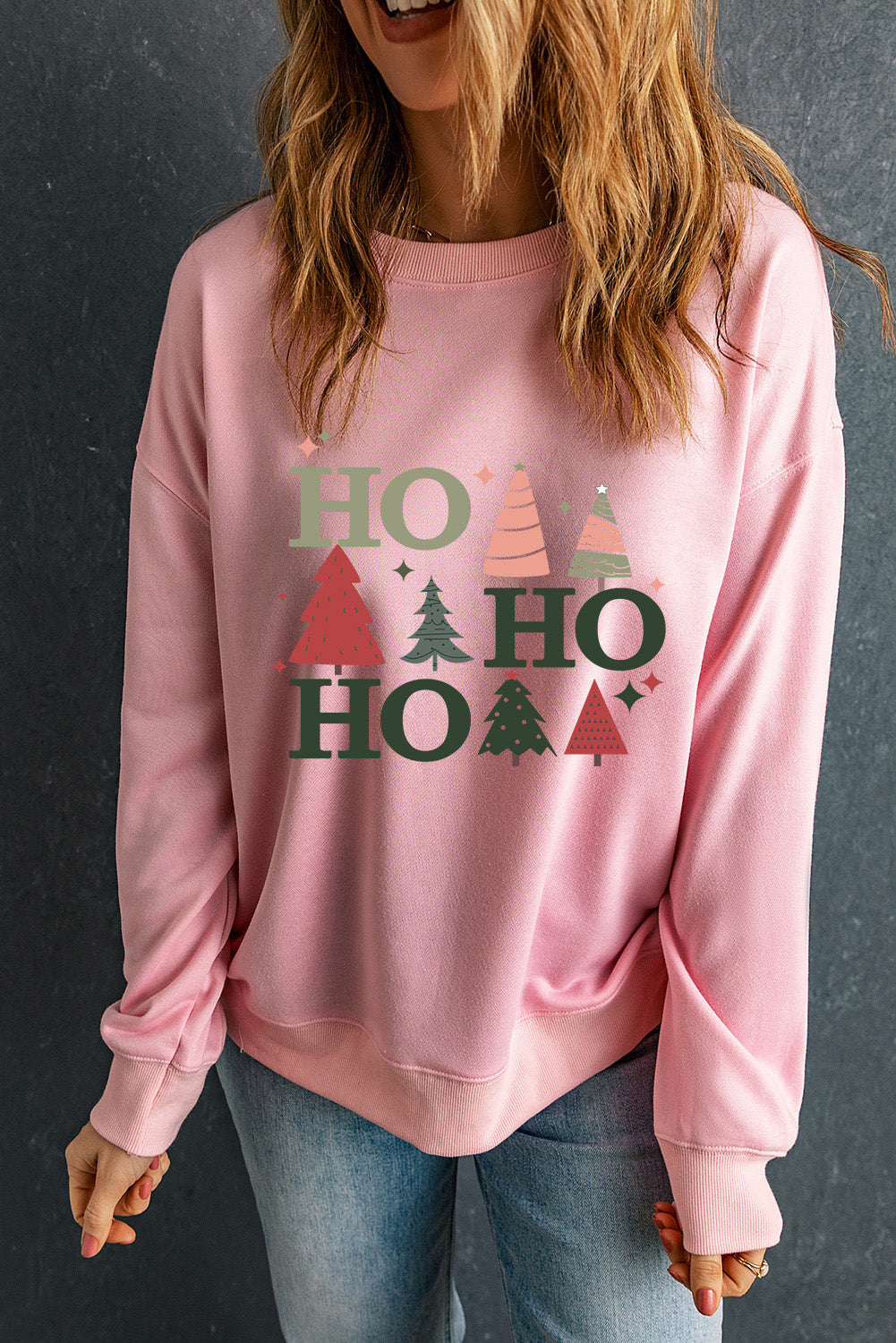 Pink Christmas Jolly Letter Print Pullover Sweatshirt