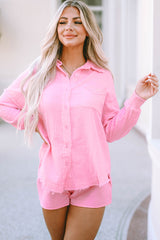 Pink Crinkle Frayed Long Sleeve Shirt and Casual Shorts Set