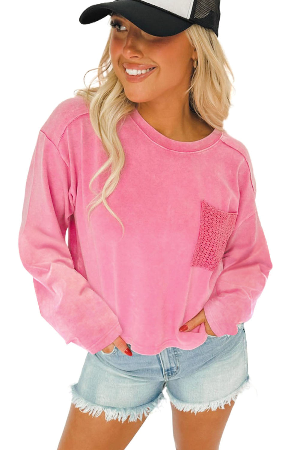 Pink Acid Wash Lace Patch Pocket T-Shirt