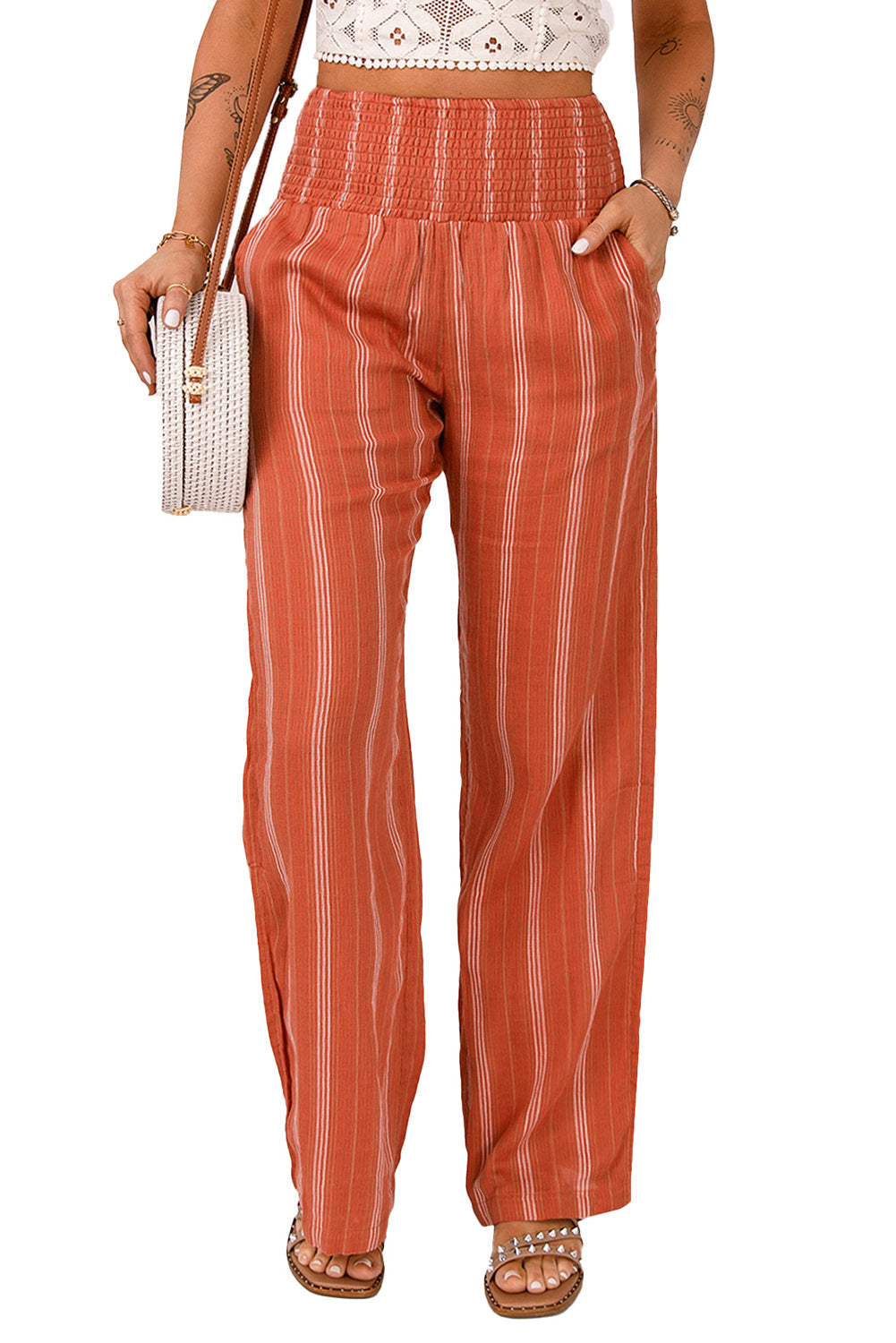 Orange Striped Shirred High Waist Straight Leg Pants