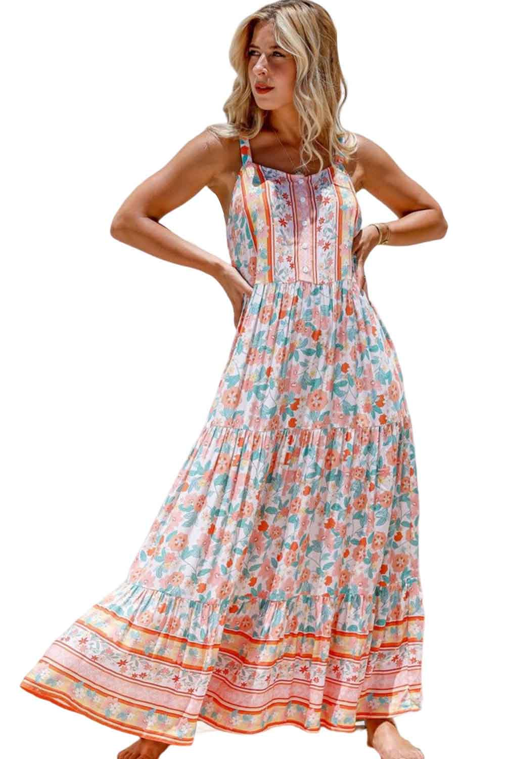 Orange Boho Floral Print Sleeveless Tiered Maxi Dress