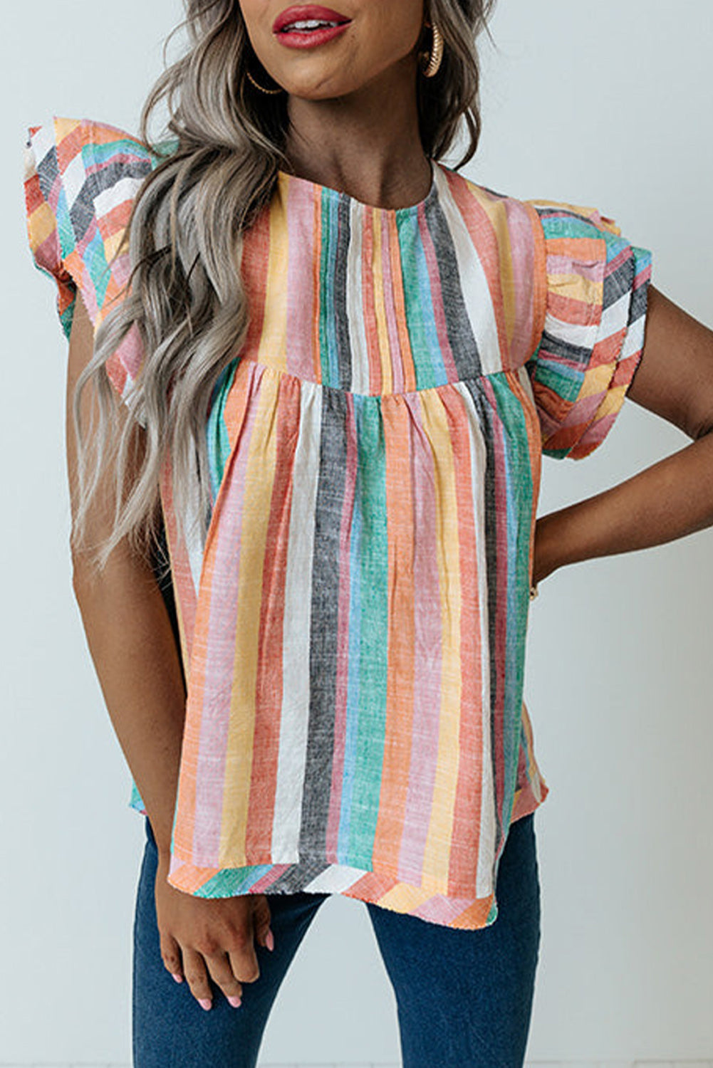 Pink Striped Button Sweetheart Flutter Sleeve Dress