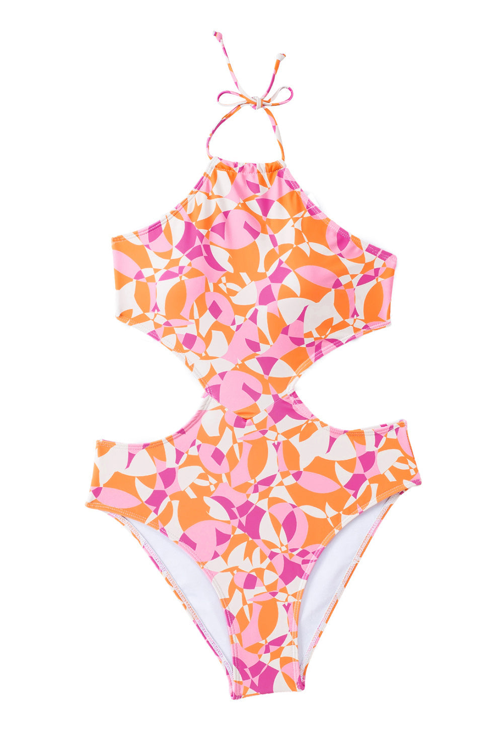 Pink Abstract Print Halter Hollow-Out Back Tie One-Piece Swimsuit