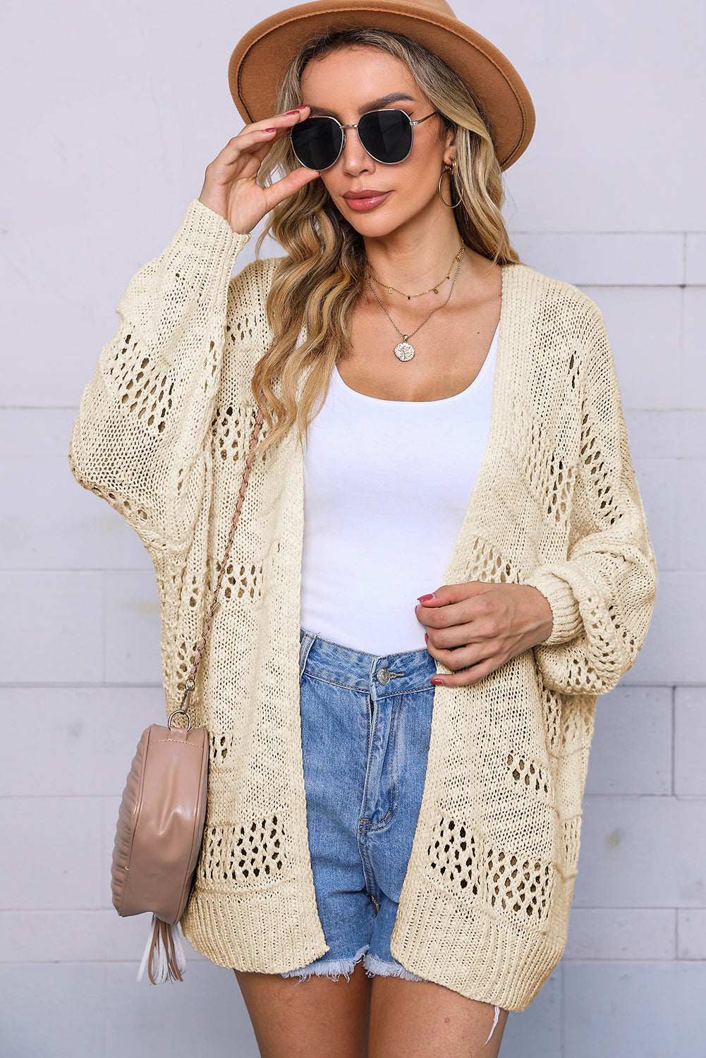 Pink Casual Hollowed Knit Dolman Sleeve Cardigan