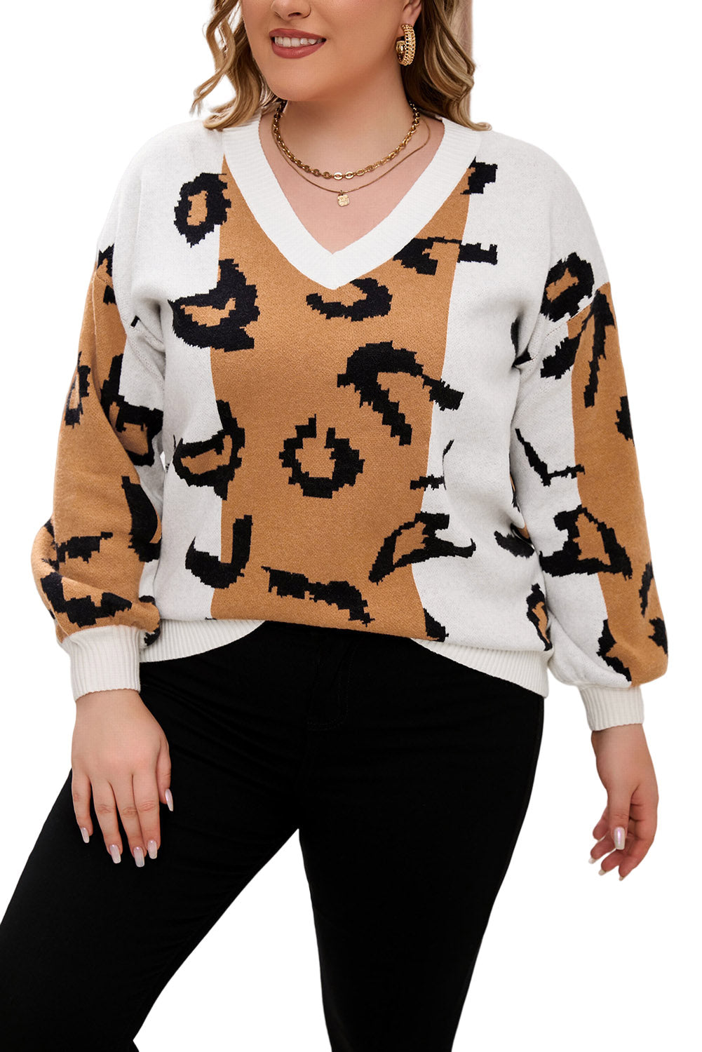 Orange Leopard Print Colorblock Drop Shoulder Plus Size Sweater