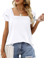 Solid Color Square Neck Double Layer Petal Sleeve T-Shirt