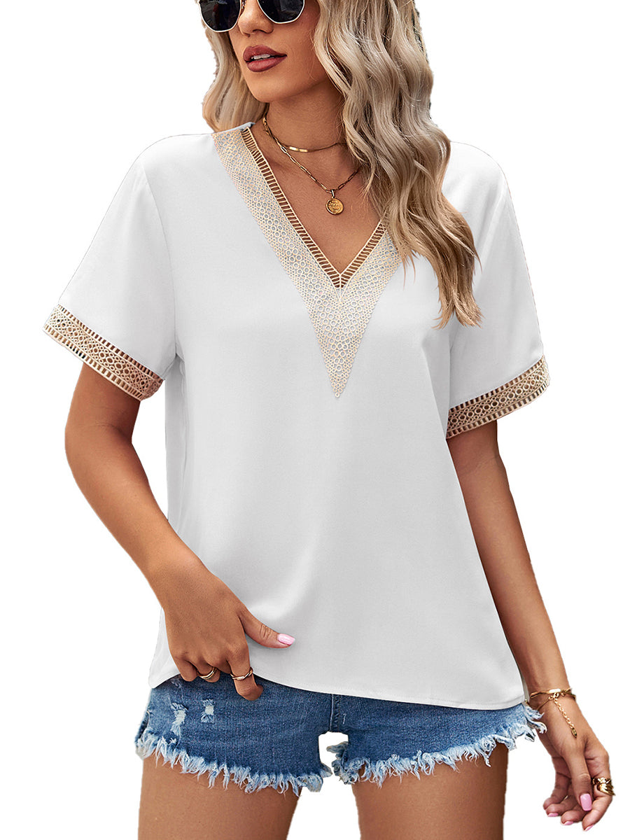 Lace Paneling V-Neck Solid Color T-Shirt