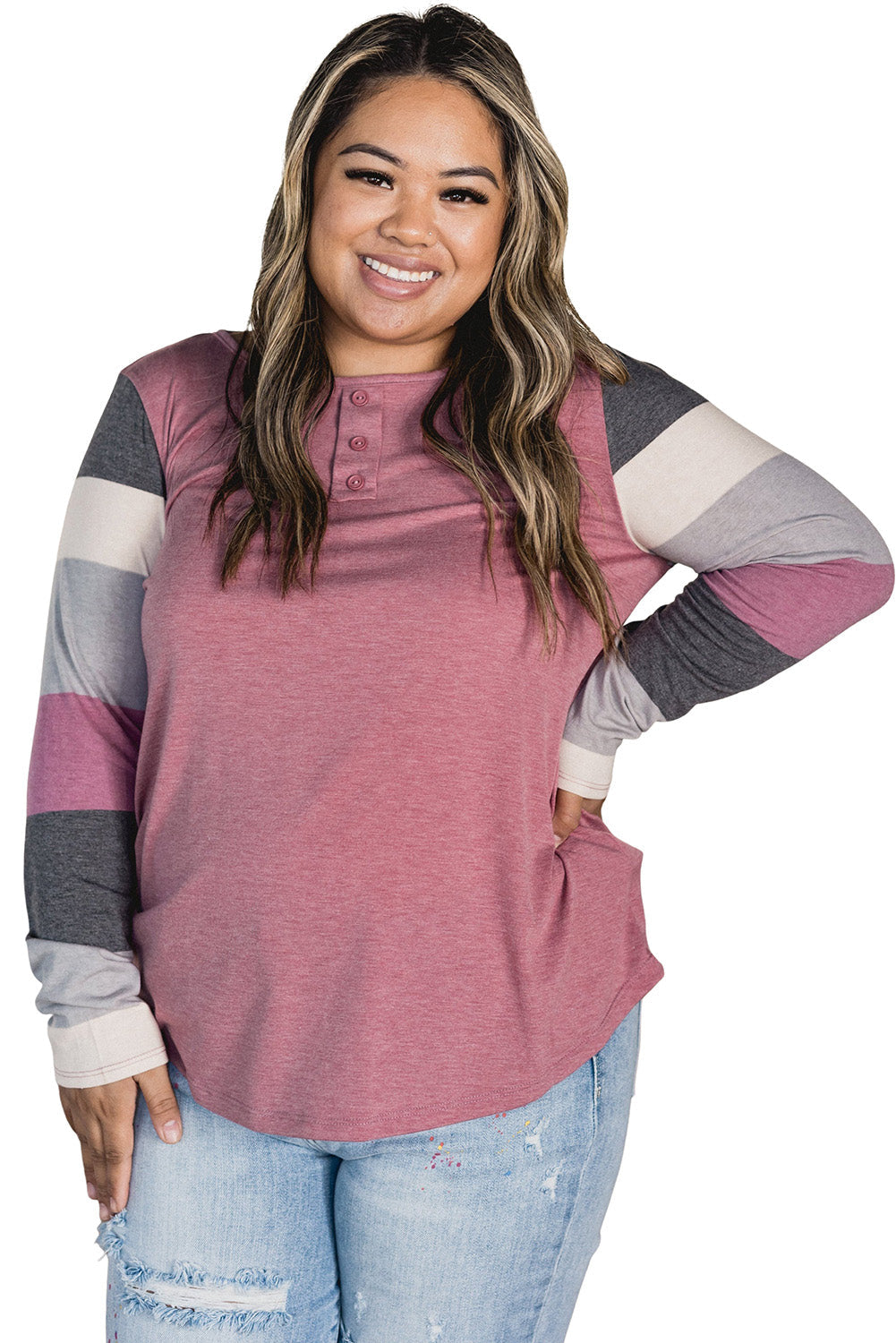 Pink Candy Striping Sleeve Plus Size Top