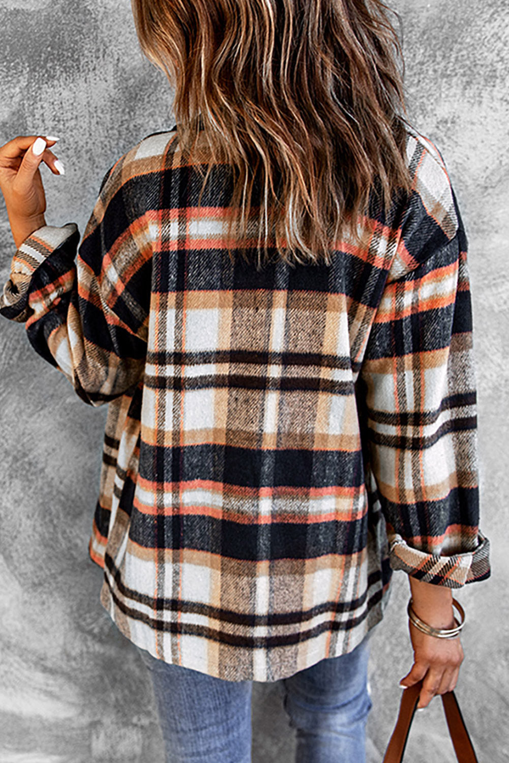 Orange Geometric Plaid Print Pocketed Shacket