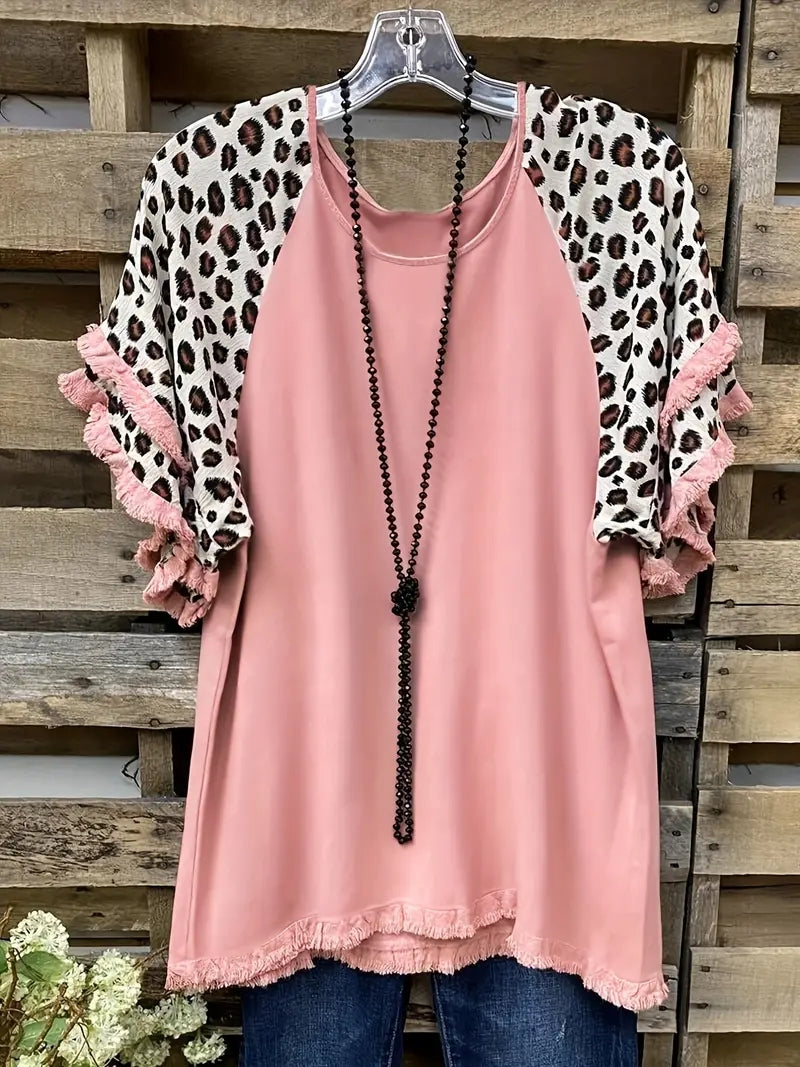 Plus Size Boho T-shirt, Women's Plus Colorblock Leopard Print Tassel Trim Round Neck Tee