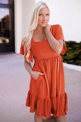 Orange Smocked High Waist Pocketed Ruffle Mini Dress