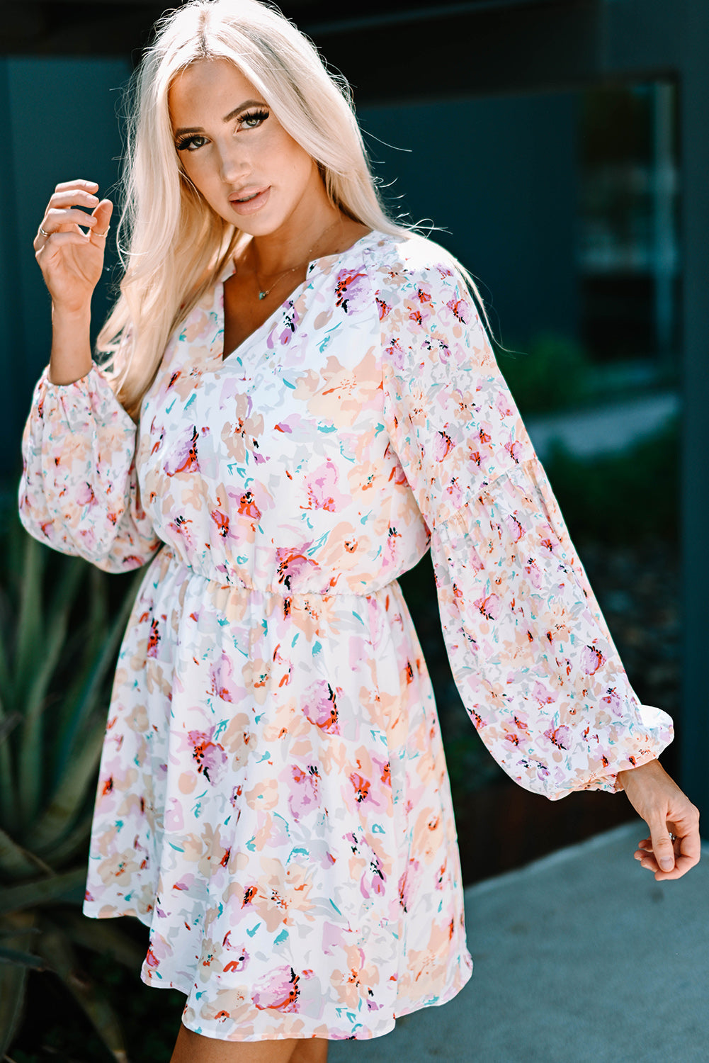 Pink V Neck Bubble Sleeves Floral Dress