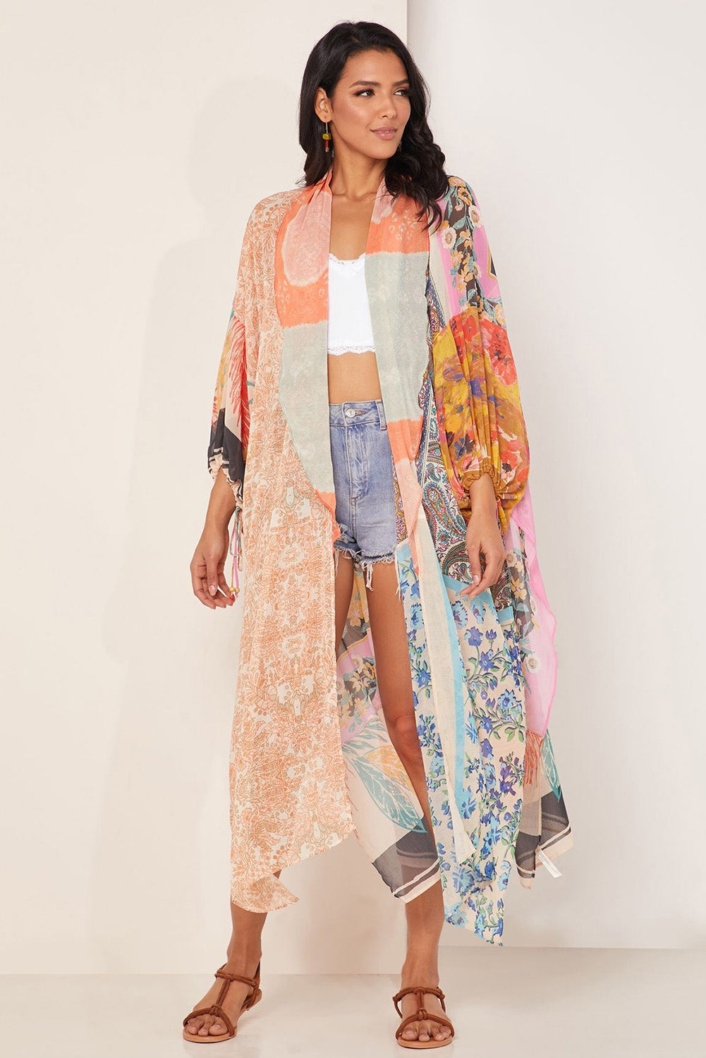 Orange Bohemian Patchwork Print Drawstring Puff Sleeve Kimono