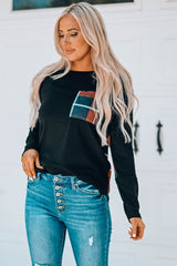 Plaid Patchwork Pocket Long Sleeve Top