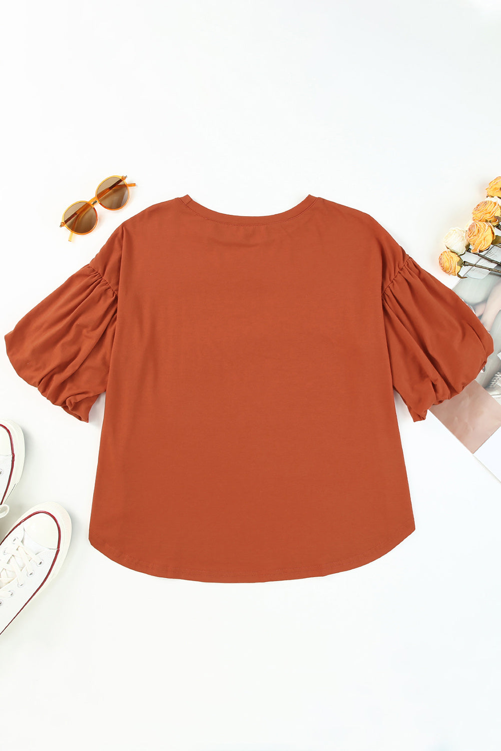 Orange Joint Bubble Sleeve Round Neck Blouse