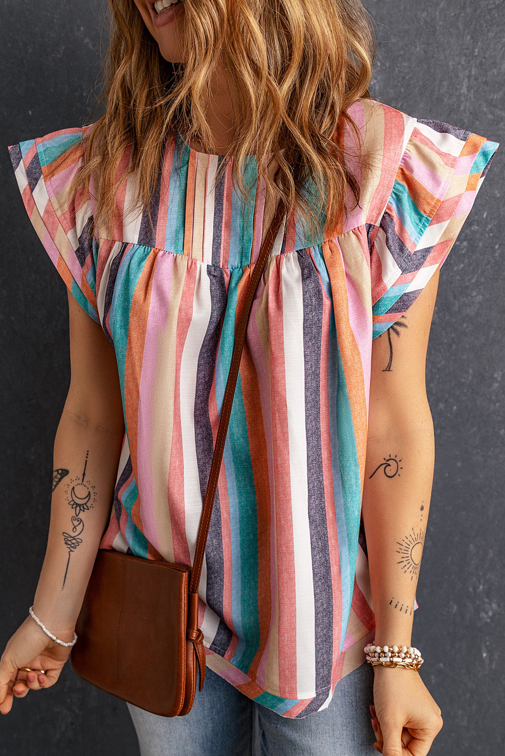 Pink Striped Button Sweetheart Flutter Sleeve Dress