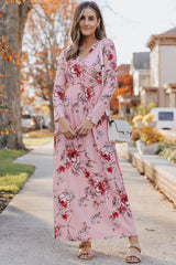 Pink  Wrapped V Neck Floral Long Sleeve Empire Maxi Dress