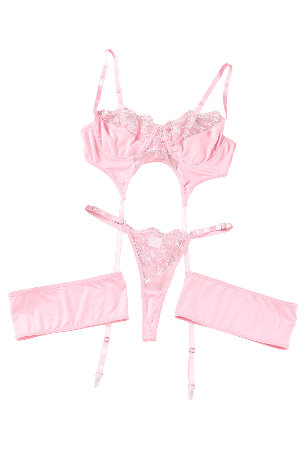 Pink Sheer Lace 3pcs Garter Belt Lingerie Set