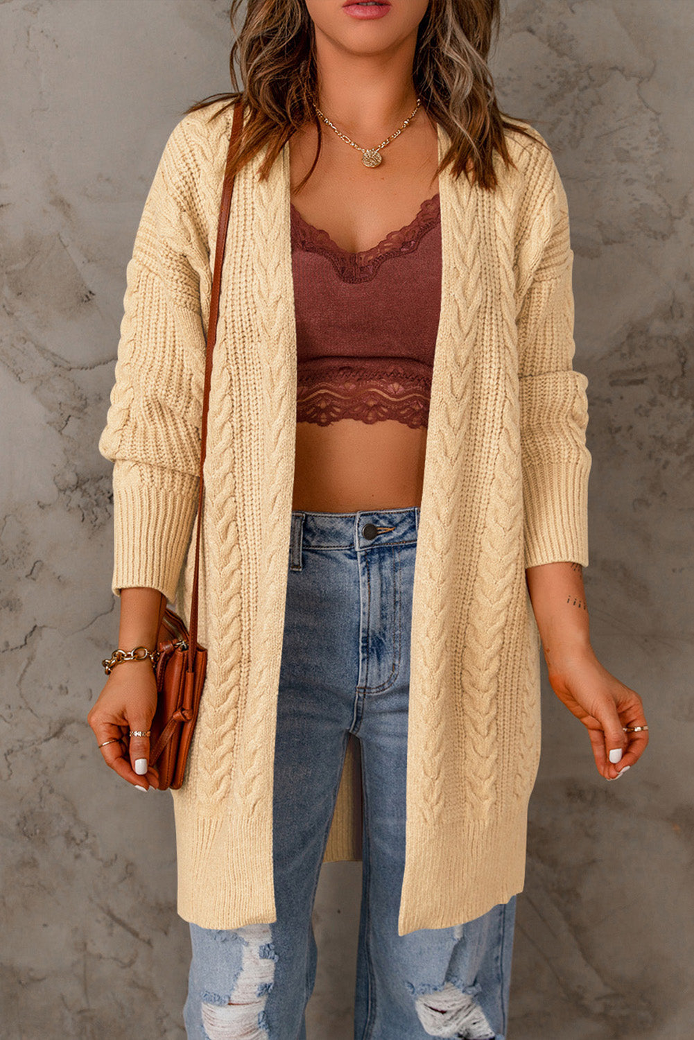 Orange Chunky Knit Open Front Cardigan