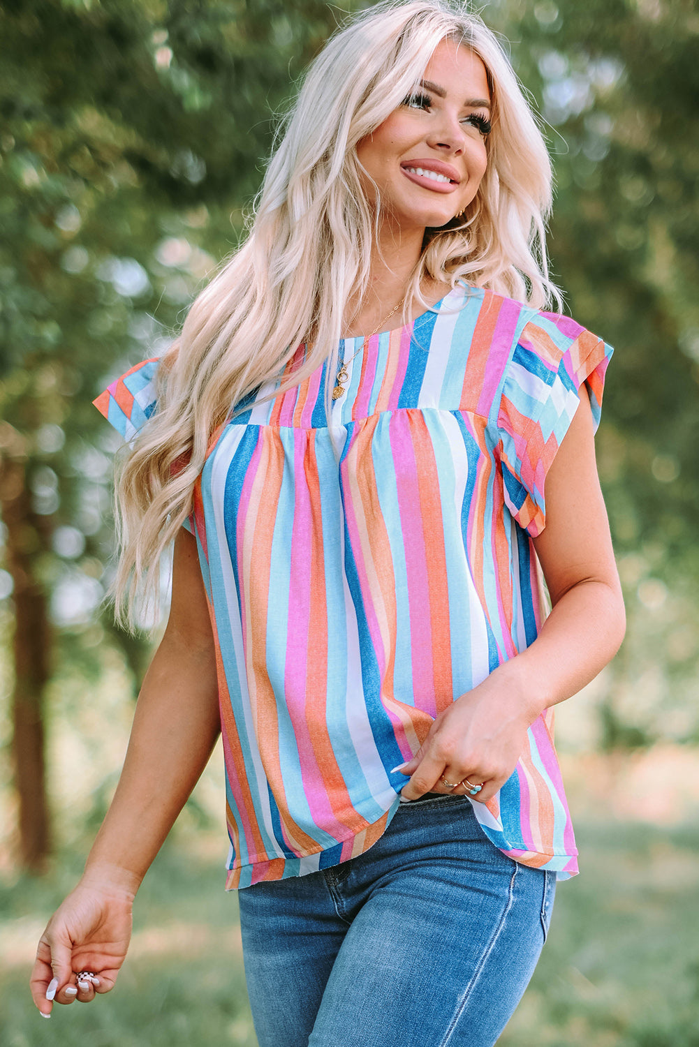 Pink Striped Button Sweetheart Flutter Sleeve Dress